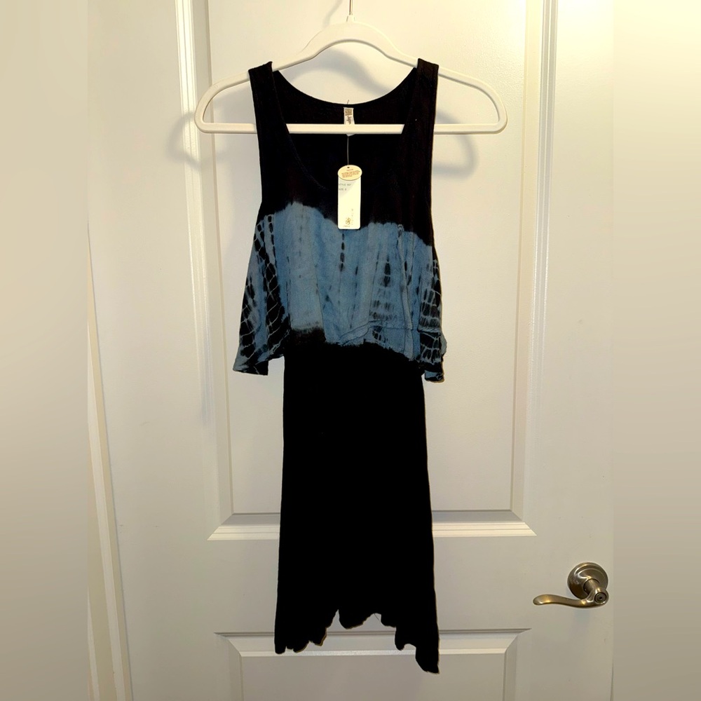 Women’s Small Japna Sleeveless Black & Blue Tie Dye Midi Dress – NWT